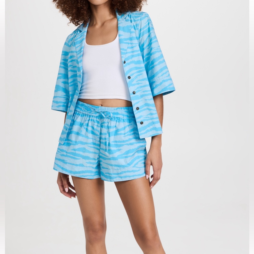 GANNI short set, Blue Zebra Print Shirt and Shorts Set